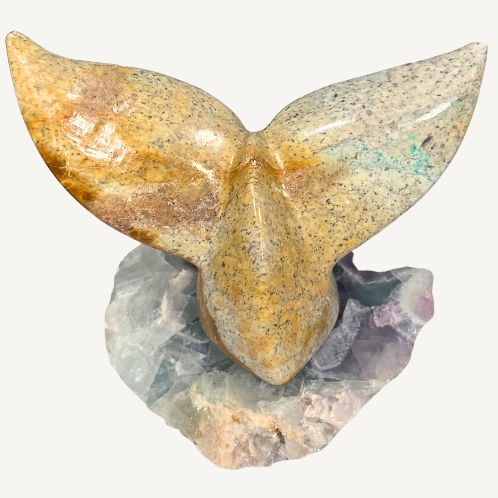 Artist Signed Fluorite Carved Soapstone Wale Fluke Sculpture by Artist Eddie Lee